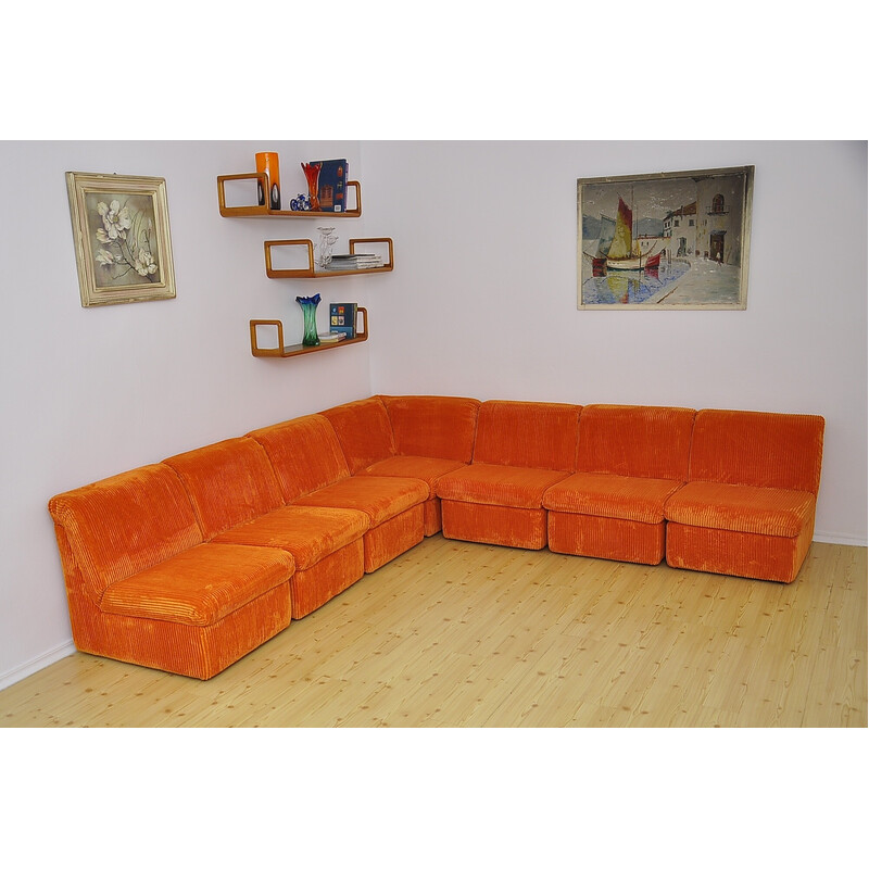 Sofá modular vintage de pana naranja, 1970