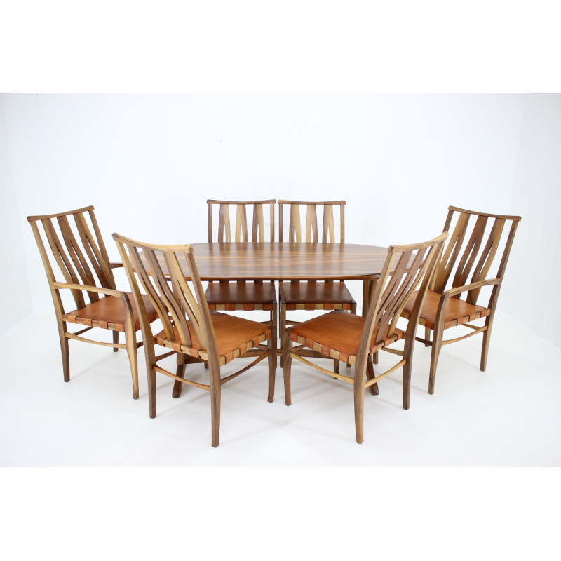 Vintage walnut and leather dining set by William Pagden, Netherland 2001