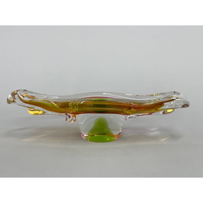 Vintage Art Glass Oblong bowl by Josef Hospodka for Chribska Glassworks, Czechoslovakia 1960s