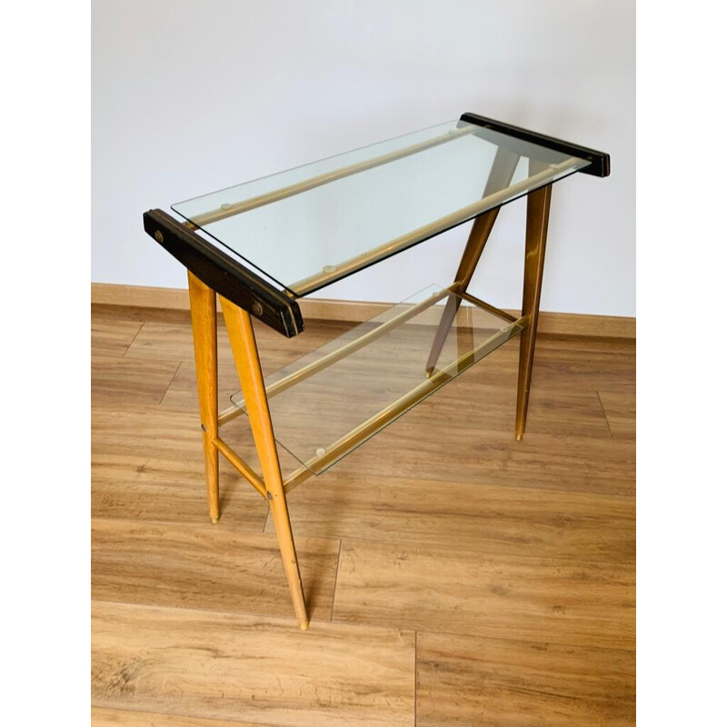 Vintage console in wood, glass and gilded metal