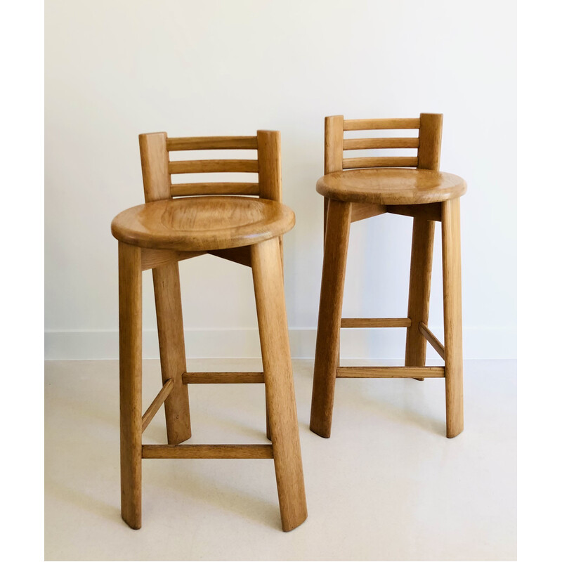 Pair of vintage stools in solid oakwood, Italy 1970