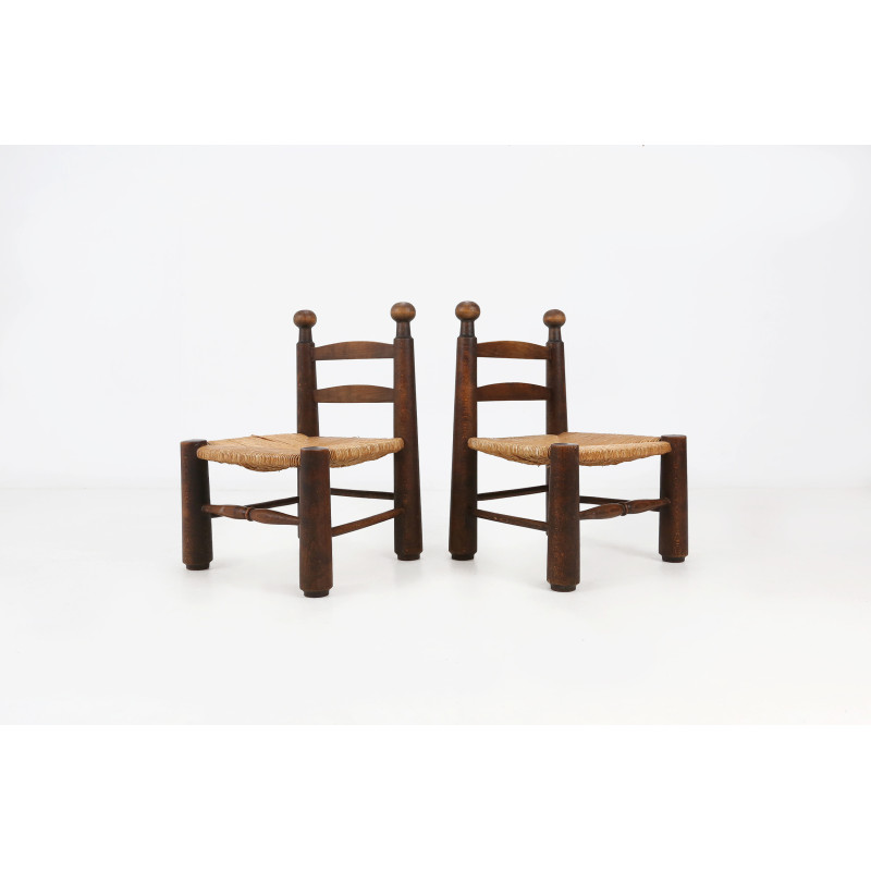 Pair of vintage wooden and wicker chairs by Charles Dudouyt, 1940s