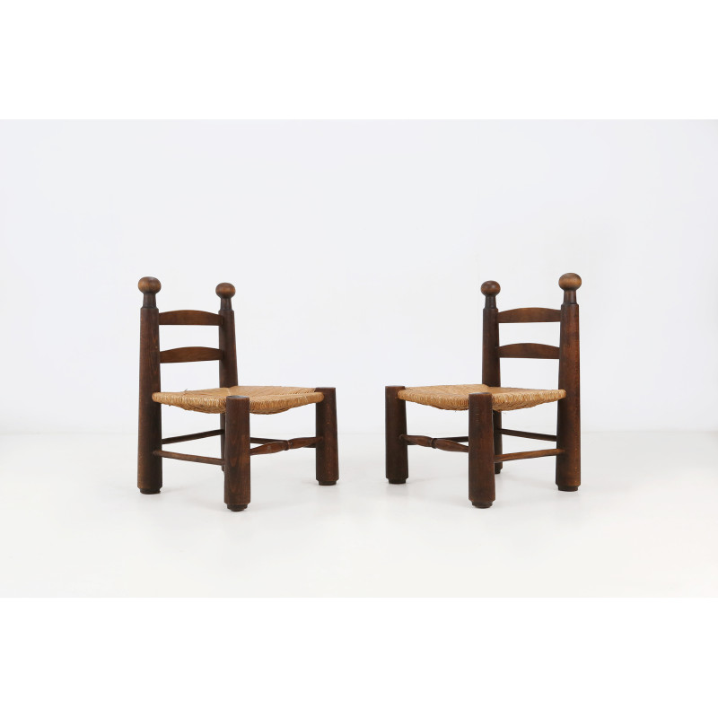 Pair of vintage wooden and wicker chairs by Charles Dudouyt, 1940s