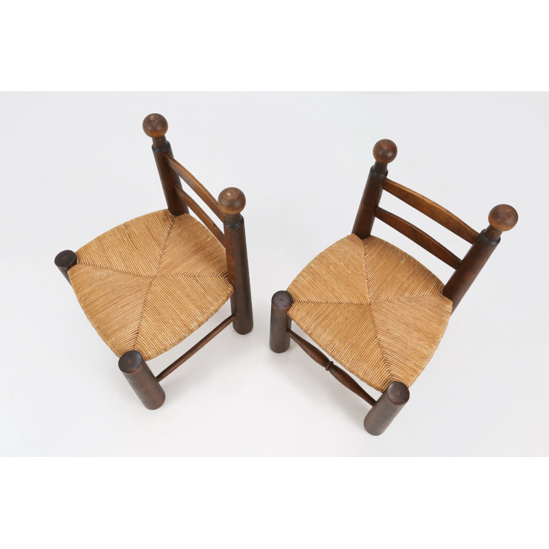 Pair of vintage wooden and wicker chairs by Charles Dudouyt, 1940s