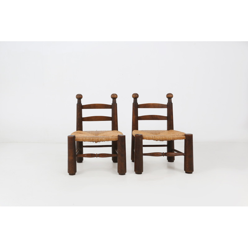 Pair of vintage wooden and wicker chairs by Charles Dudouyt, 1940s