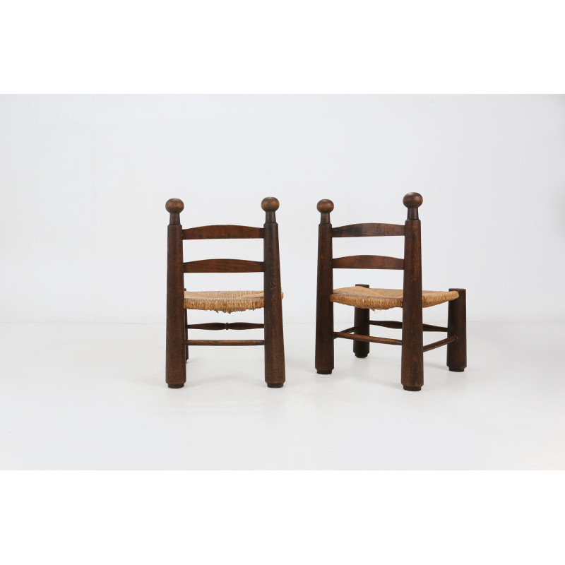 Pair of vintage wooden and wicker chairs by Charles Dudouyt, 1940s