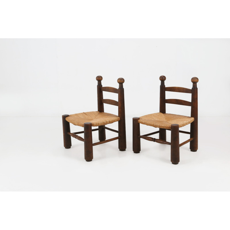 Pair of vintage wooden and wicker chairs by Charles Dudouyt, 1940s