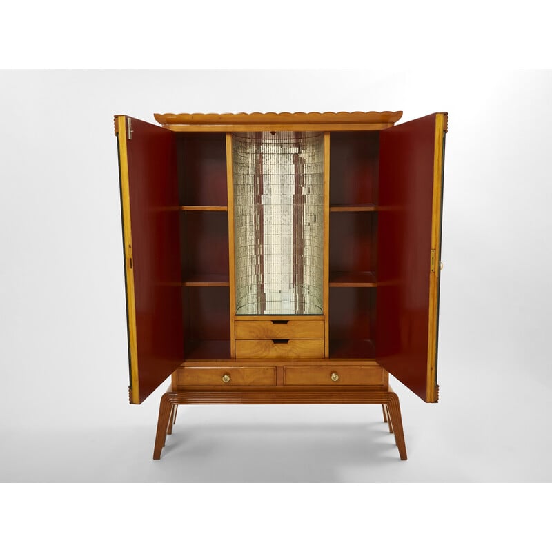 Vintage bar furniture in cherry wood and mirror by Osvaldo Borsani for Abv, 1940