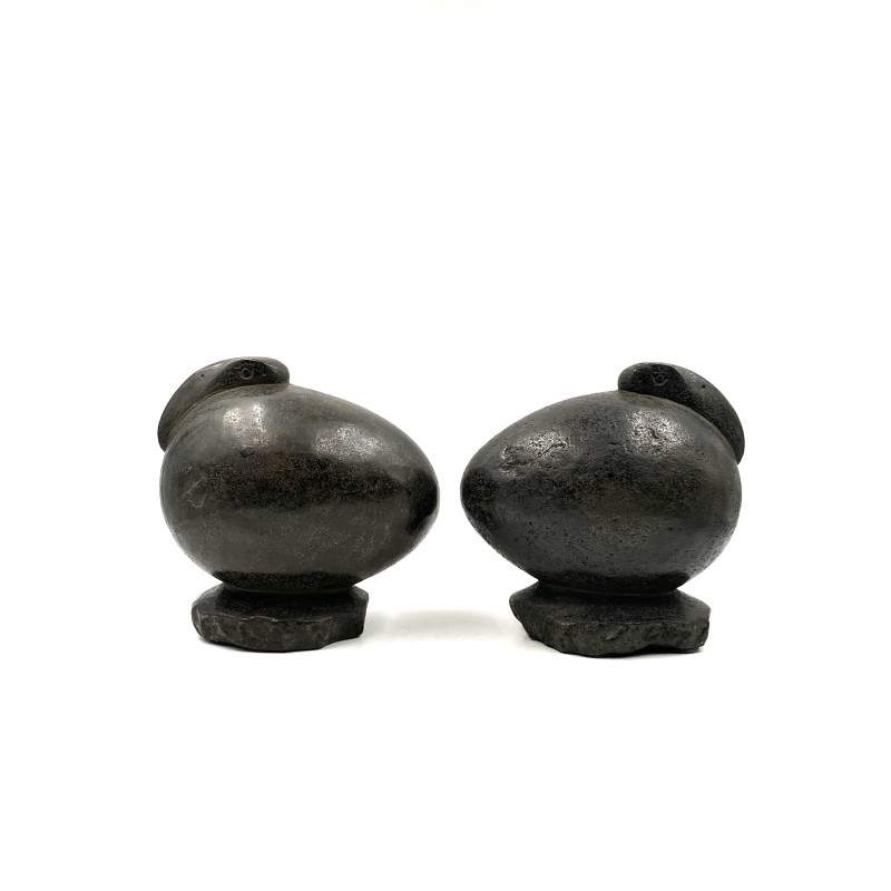 Pair of vintage basalt ovoid sculptures Ibis birds, France