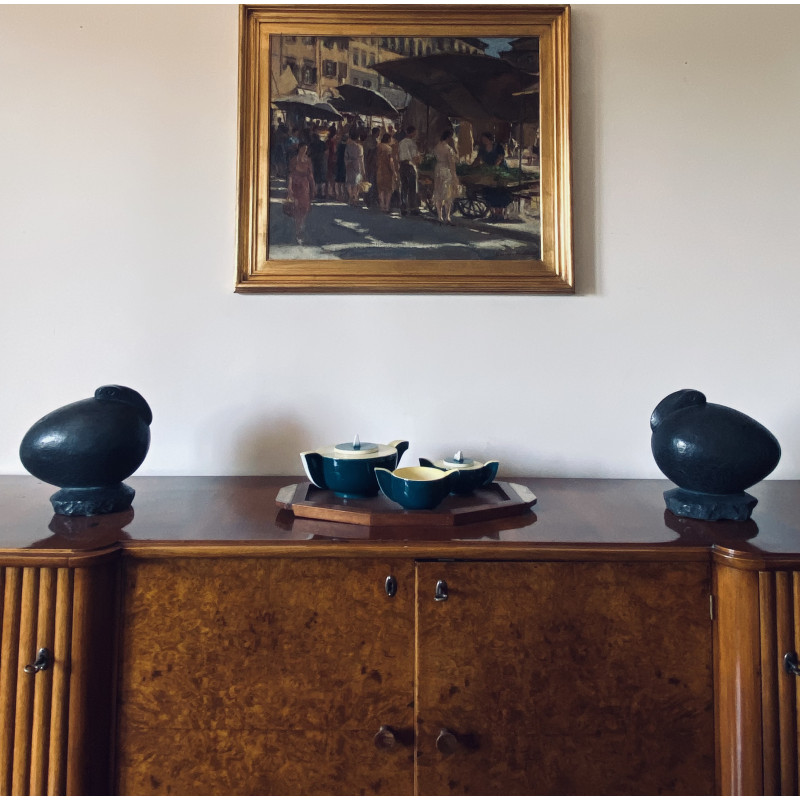 Par de esculturas ovóides Vintage ibis aves em basalto, França