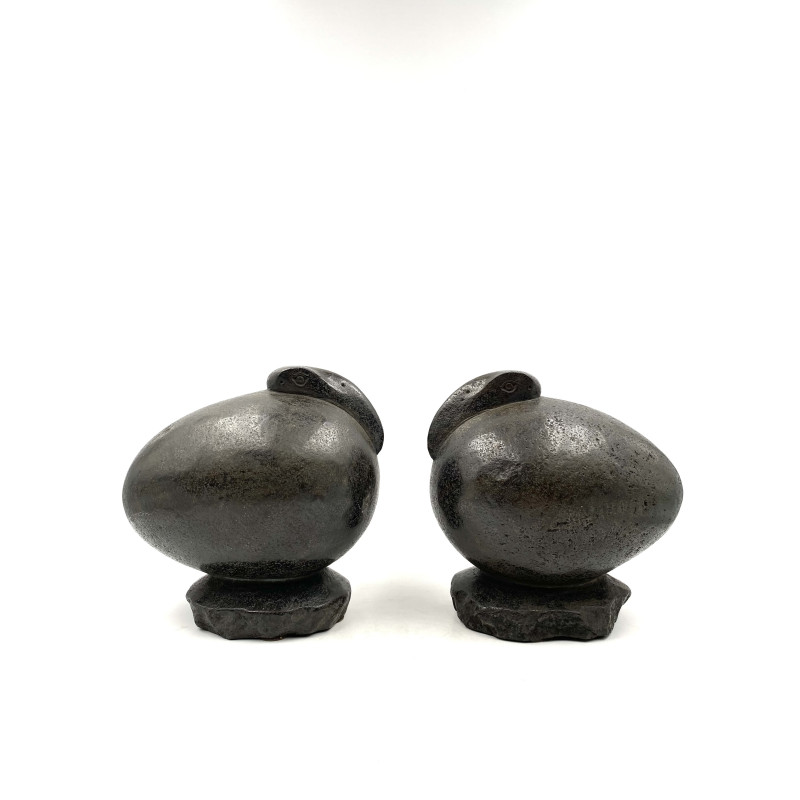 Pair of vintage basalt ovoid sculptures Ibis birds, France