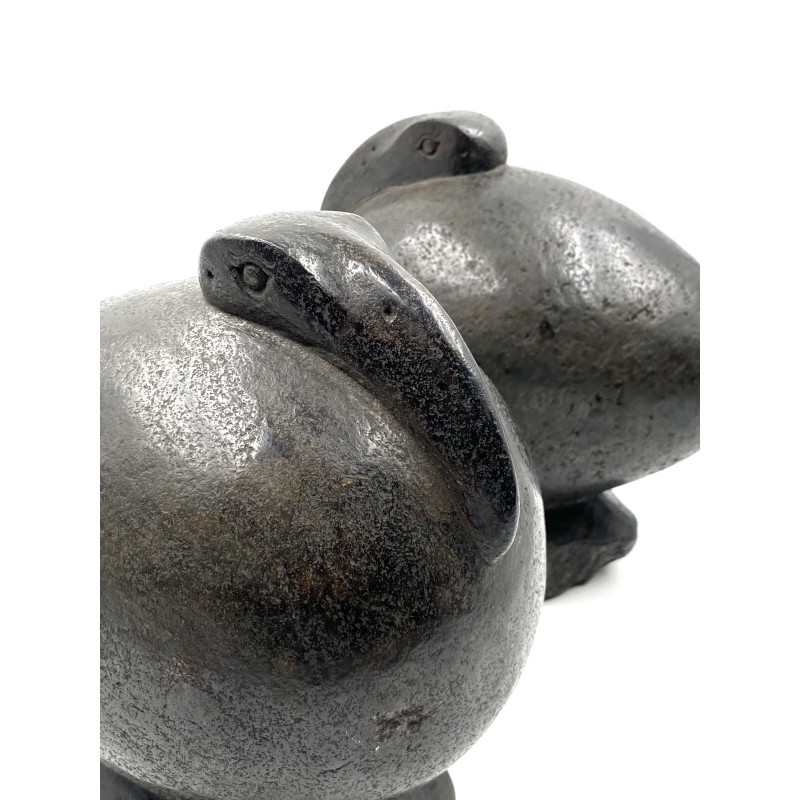 Pair of vintage basalt ovoid sculptures Ibis birds, France