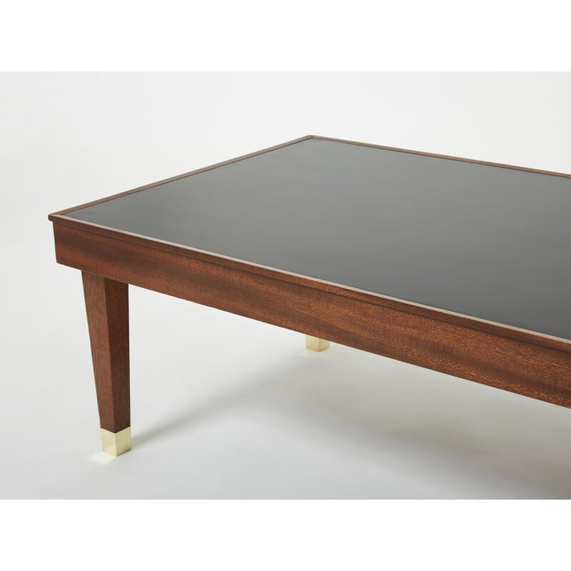 Vintage mahogany and brass coffee table by Jacques Adnet, 1950