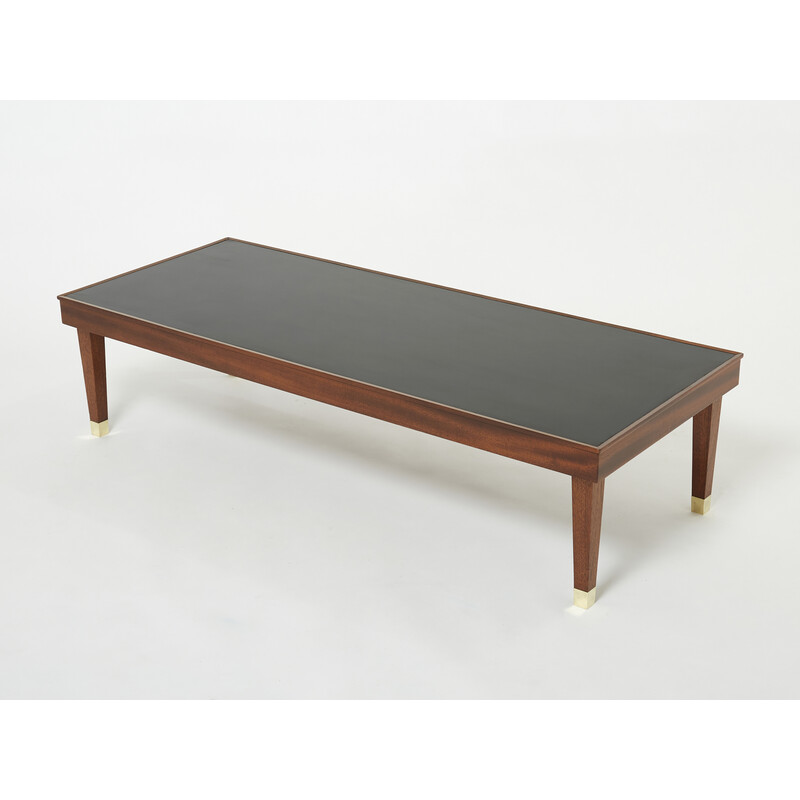 Vintage mahogany and brass coffee table by Jacques Adnet, 1950