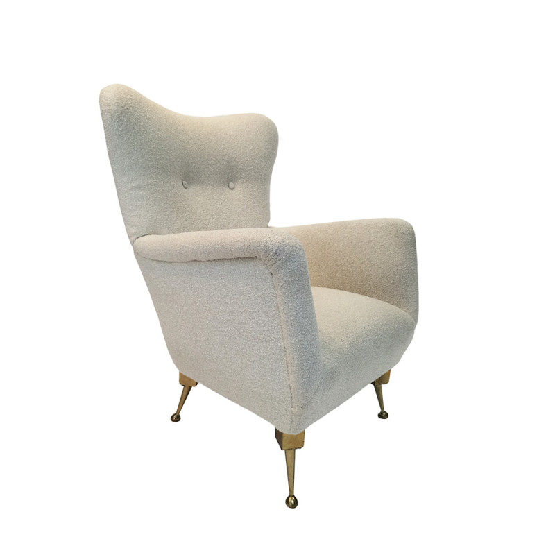 Vintage fauteuil in bouclé stof en messing, jaren 1950