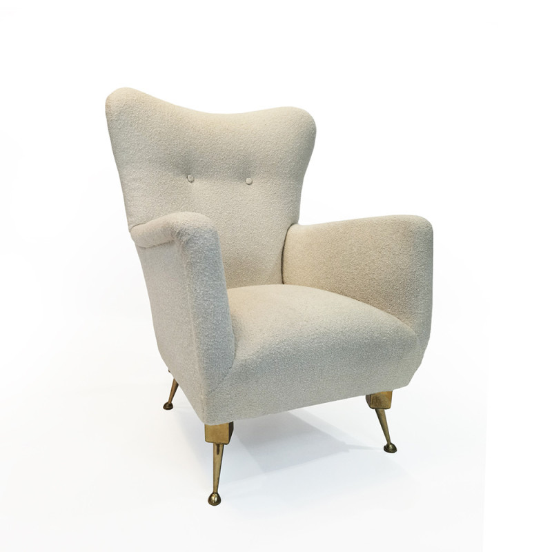 Vintage armchair in bouclé fabric and brass, 1950s