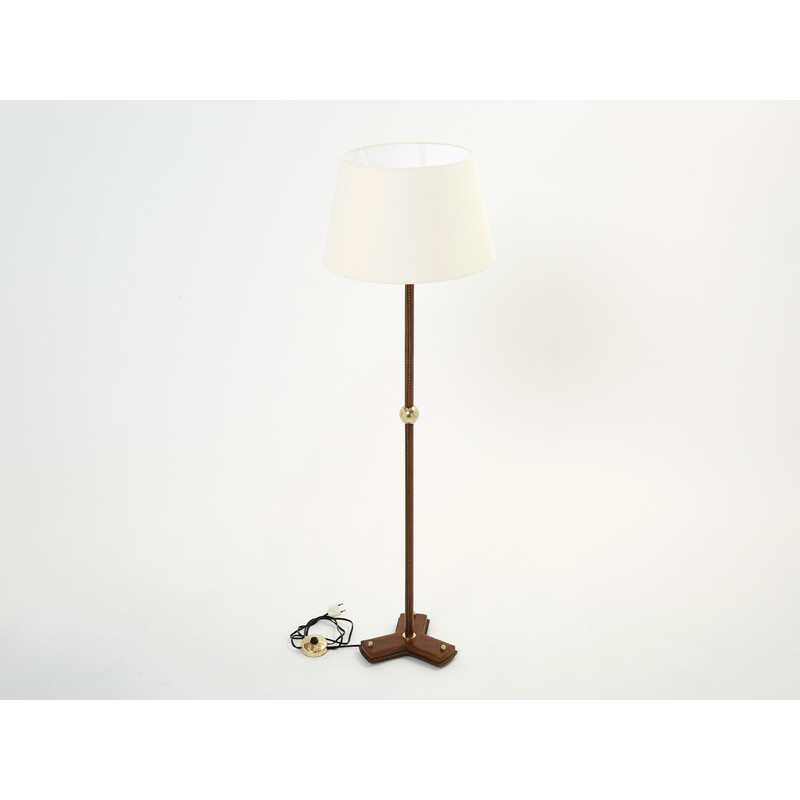 Vintage-Stehlampe aus braunem Leder von Jacques Adnet, 1950