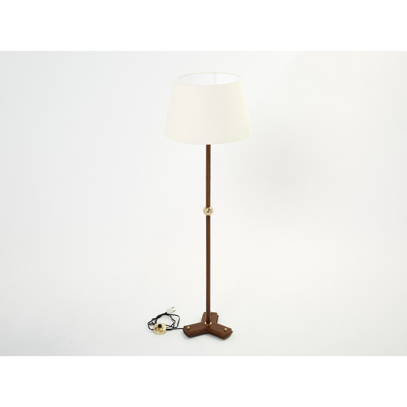 Vintage brown leather floor lamp by Jacques Adnet, 1950s