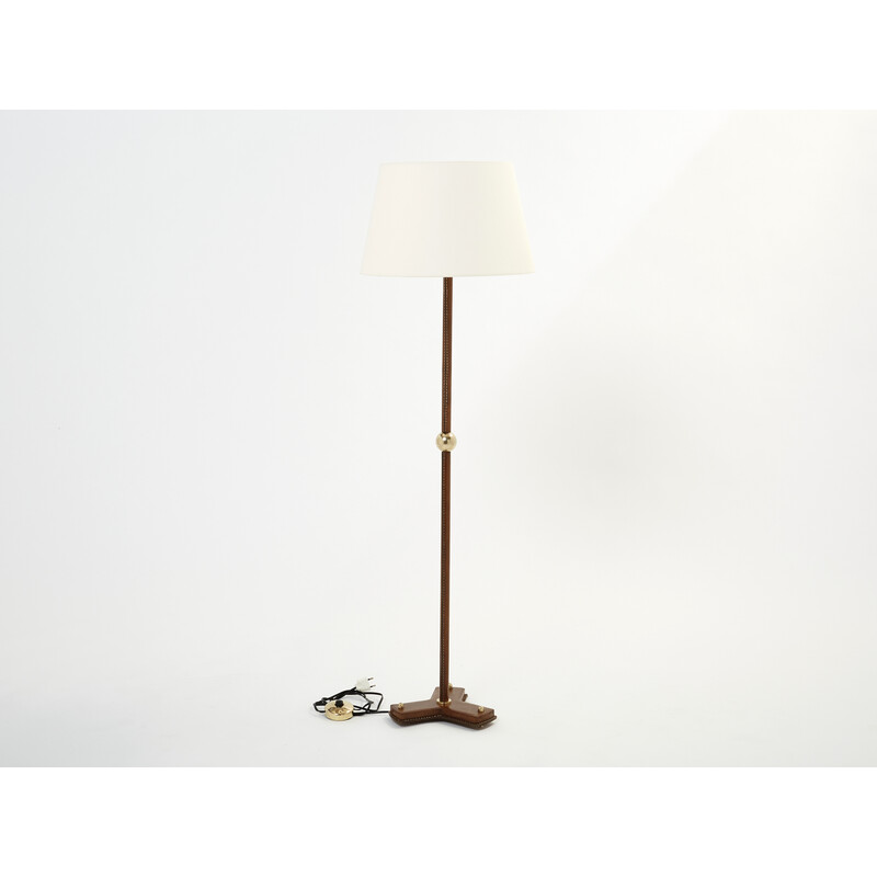 Vintage brown leather floor lamp by Jacques Adnet, 1950s