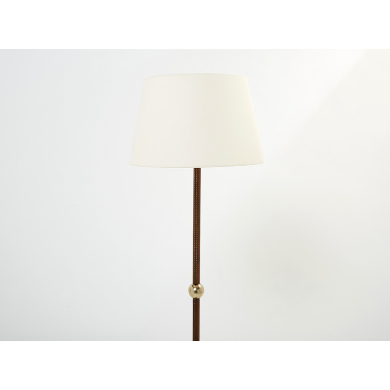 Bruine lederen vloerlamp van Jacques Adnet, 1950