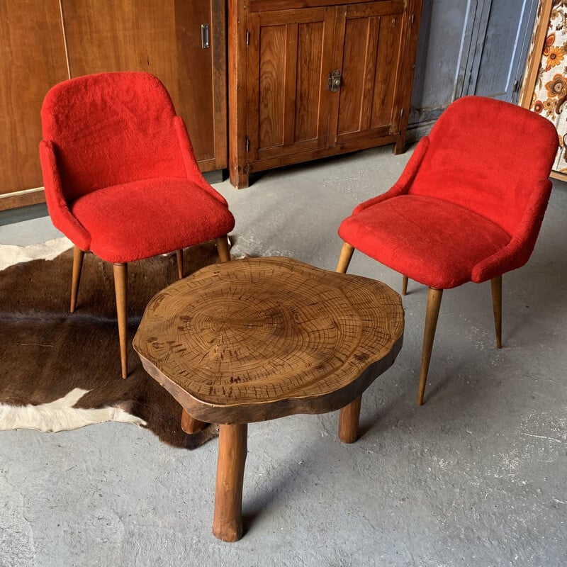 Paire de chaises vintage en moumoute rouge