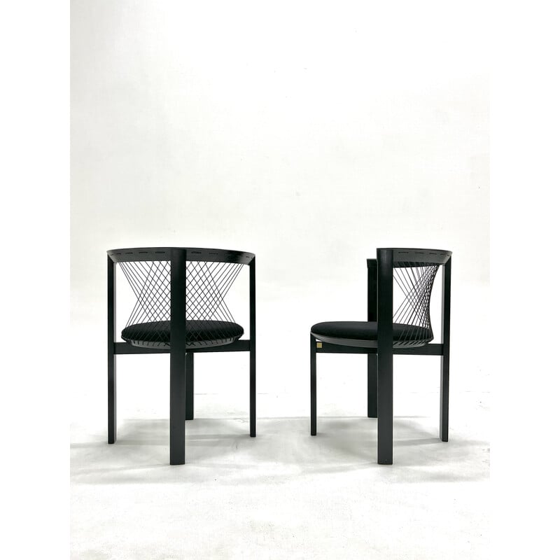 Pair of vintage string chairs in stained ash and black wool fabric by Niels Jorgen Haugesen for Tranekaer, 1980