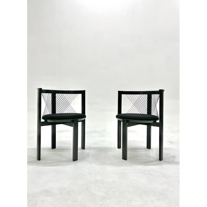Pareja de sillas de cuerda vintage en fresno teñido y tela de lana negra de Niels Jorgen Haugesen para Tranekaer, 1980