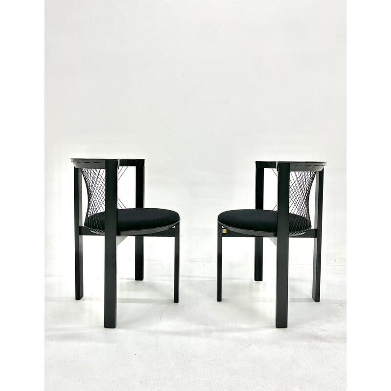 Pair of vintage string chairs in stained ash and black wool fabric by Niels Jorgen Haugesen for Tranekaer, 1980