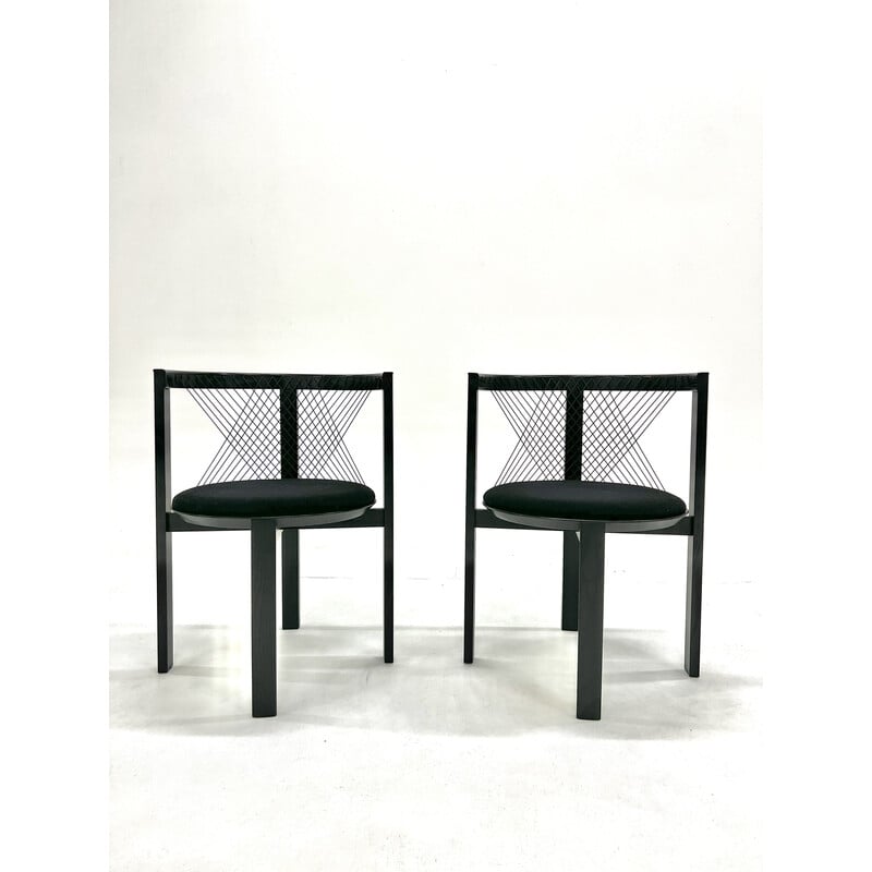 Pair of vintage string chairs in stained ash and black wool fabric by Niels Jorgen Haugesen for Tranekaer, 1980