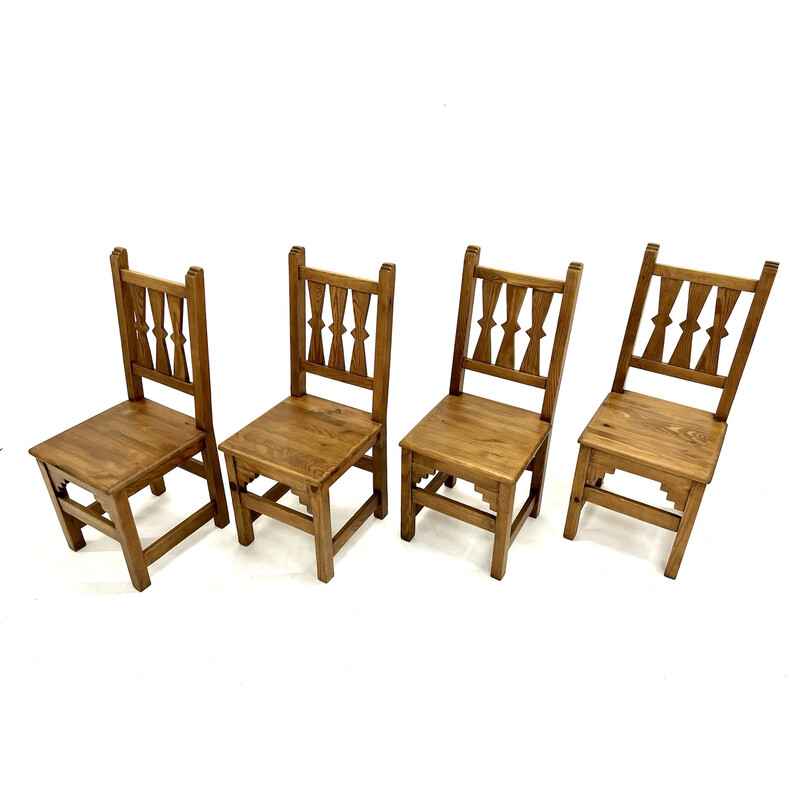 Set of 4 vintage solid pine chairs, 1960