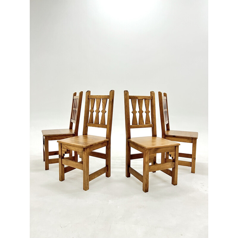 Set of 4 vintage solid pine chairs, 1960