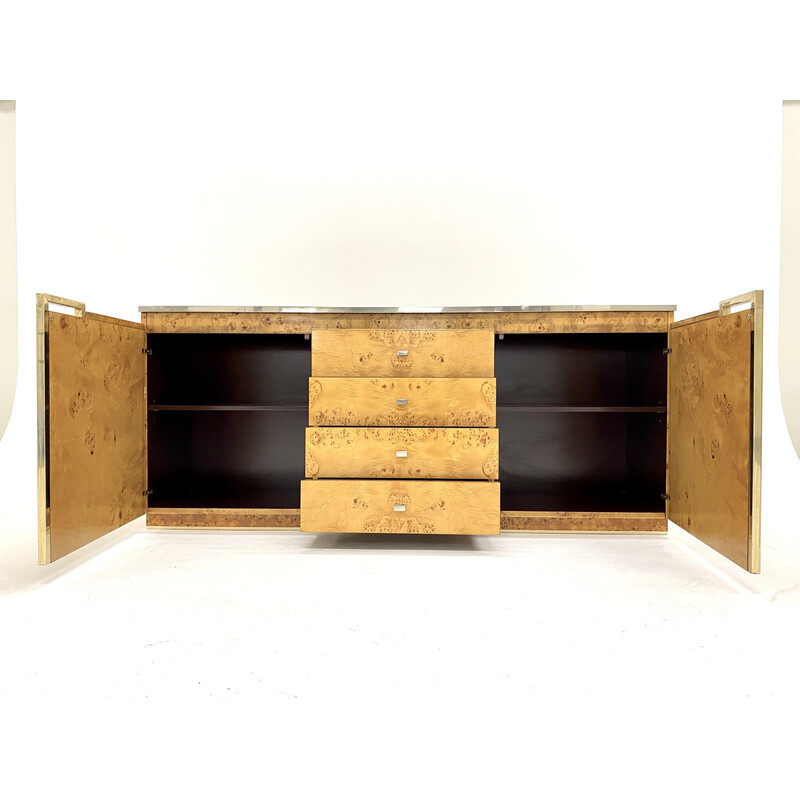 Vintage elmwood burr veneer and brass sideboard by Jean Claude Mahey, 1970