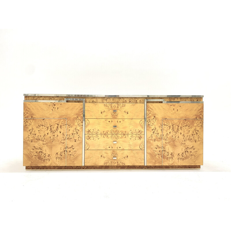 Vintage elmwood burr veneer and brass sideboard by Jean Claude Mahey, 1970
