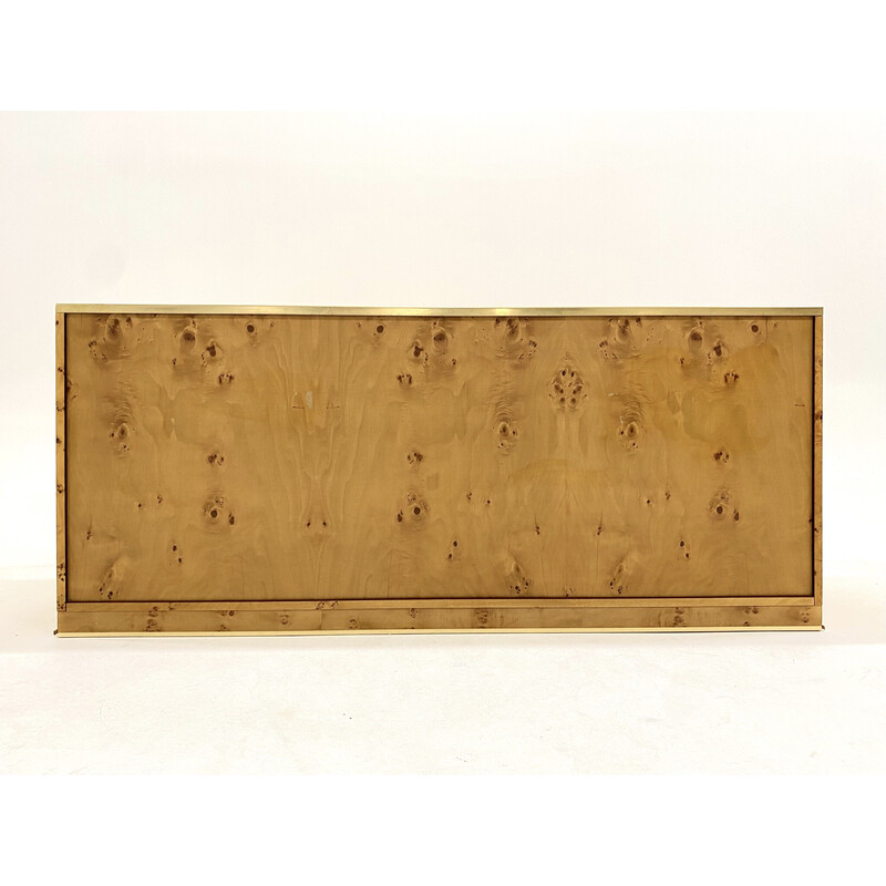 Vintage elmwood burr veneer and brass sideboard by Jean Claude Mahey, 1970