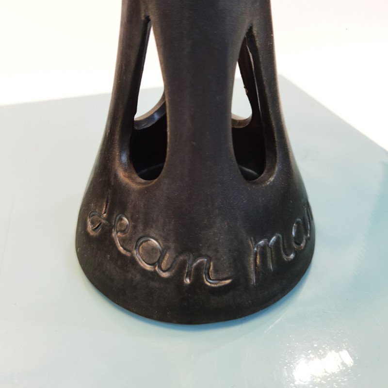Vintage black enameled terracotta candlestick with 4 faces, 1970s