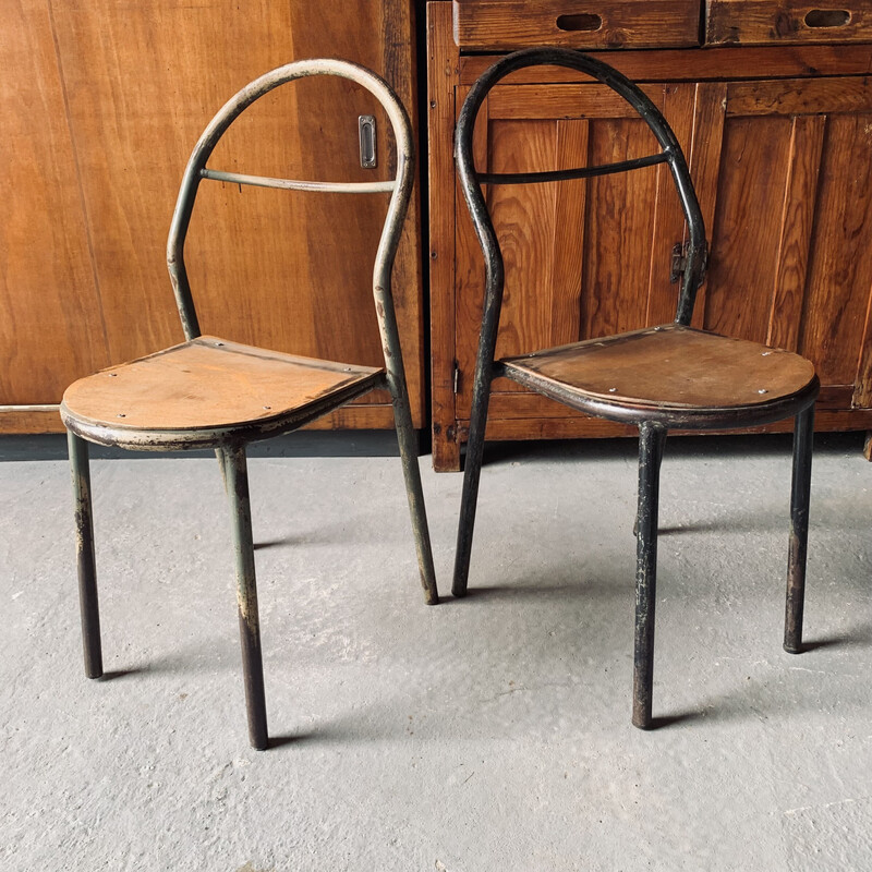 Pair of vintage stacking chairs by René Herbst for Mobilor, 1950
