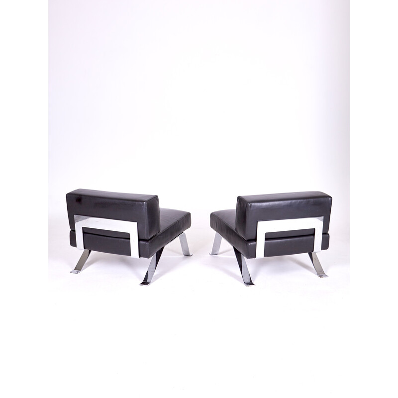 Pair of vintage ombra 512 armchairs in polished chrome steel and leather by Charlotte Perriand