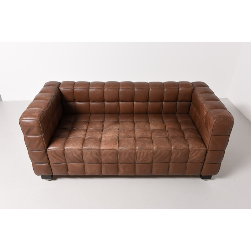 Wittmann "Kubus" 2-seater brown wooden and leather sofa - 1970s