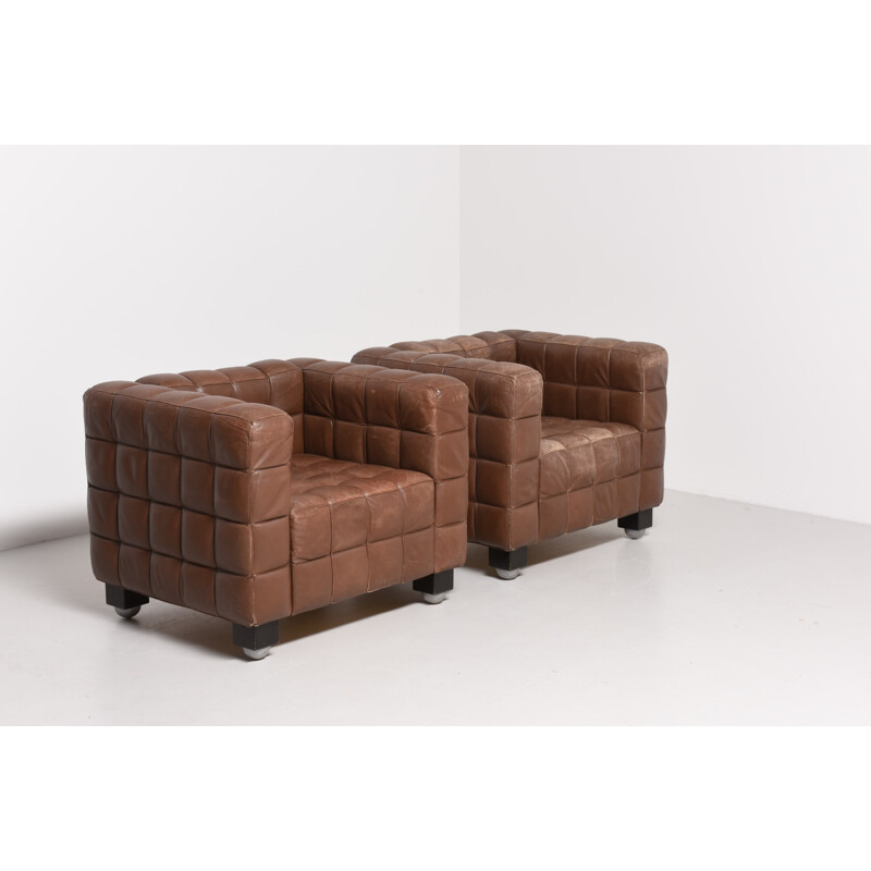 Wittmann pair of brown leather and wood armchairs, Josef HOFFMANN - 1970s