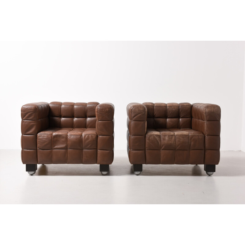 Wittmann pair of brown leather and wood armchairs, Josef HOFFMANN - 1970s