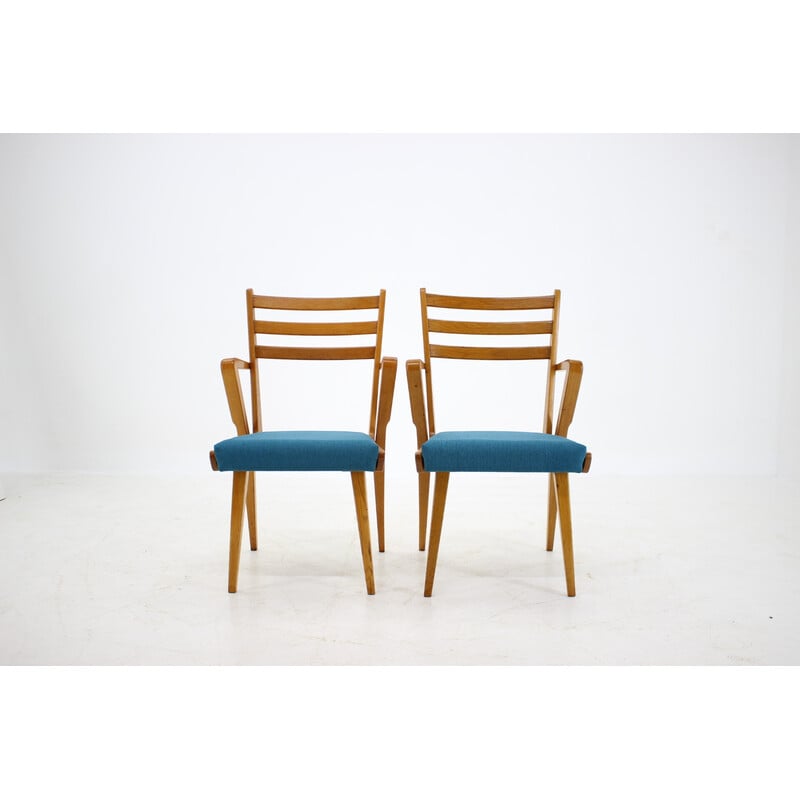 Set of 4 vintage oakwood dining chairs with upholstered, Czechoslovakia 1960s