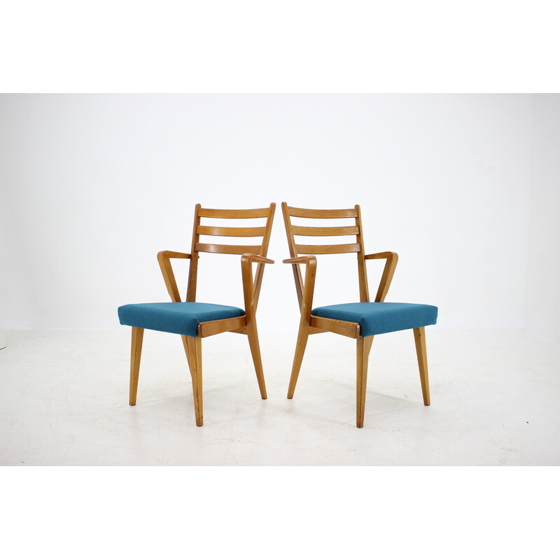 Set of 4 vintage oakwood dining chairs with upholstered, Czechoslovakia 1960s