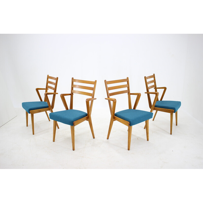 Conjunto de 4 cadeiras de carvalho vintage com estofos, Checoslováquia 1960