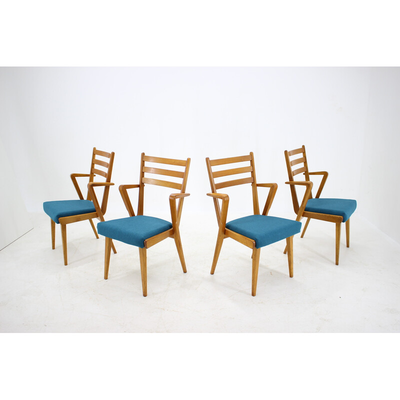 Set of 4 vintage oakwood dining chairs with upholstered, Czechoslovakia 1960s