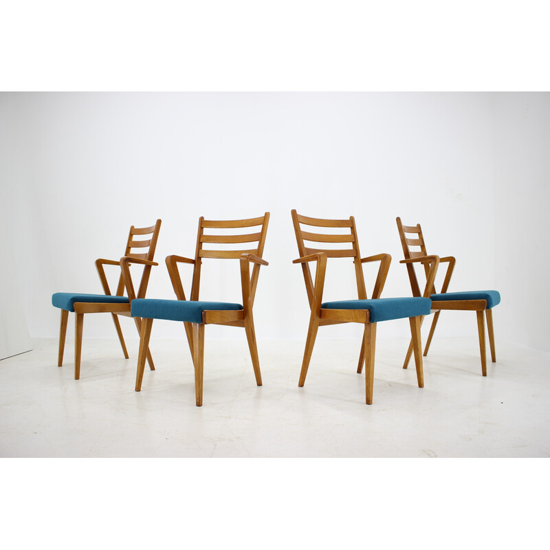 Set of 4 vintage oakwood dining chairs with upholstered, Czechoslovakia 1960s