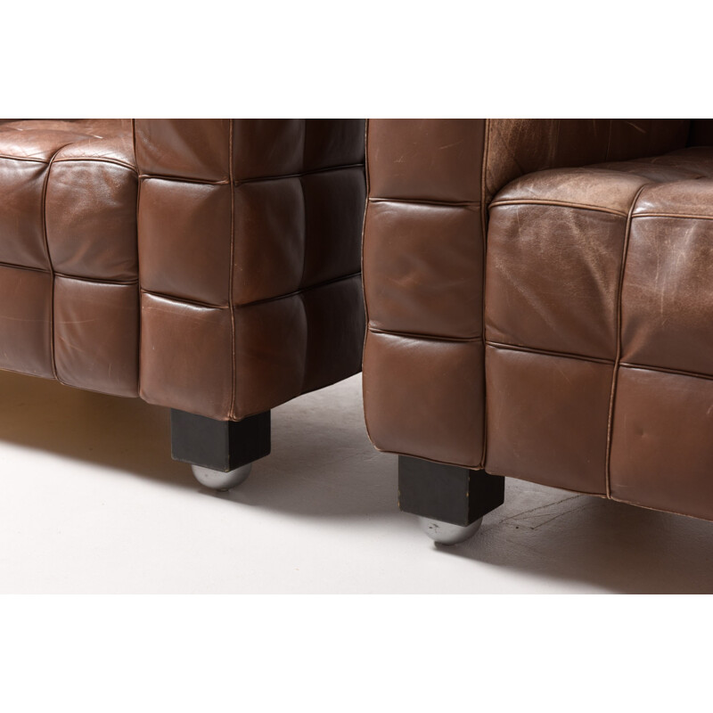 Wittmann pair of brown leather and wood armchairs, Josef HOFFMANN - 1970s