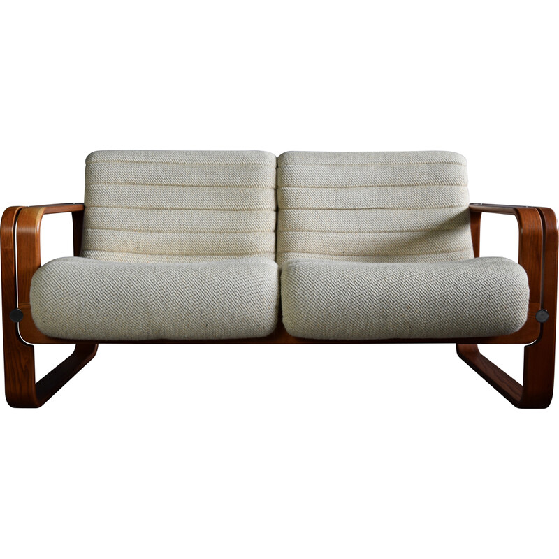 Mid-century ecru and wooden frame sofa by Giroflex for Giroflex, 1970s