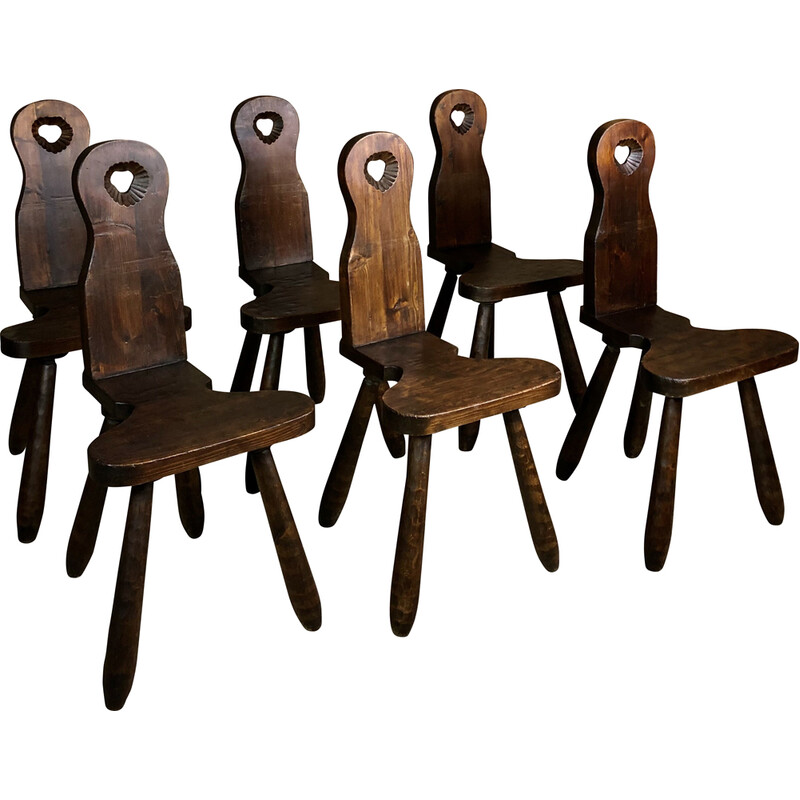 Set of 6 gouged vintage Brutalist mountain chairs, 1960