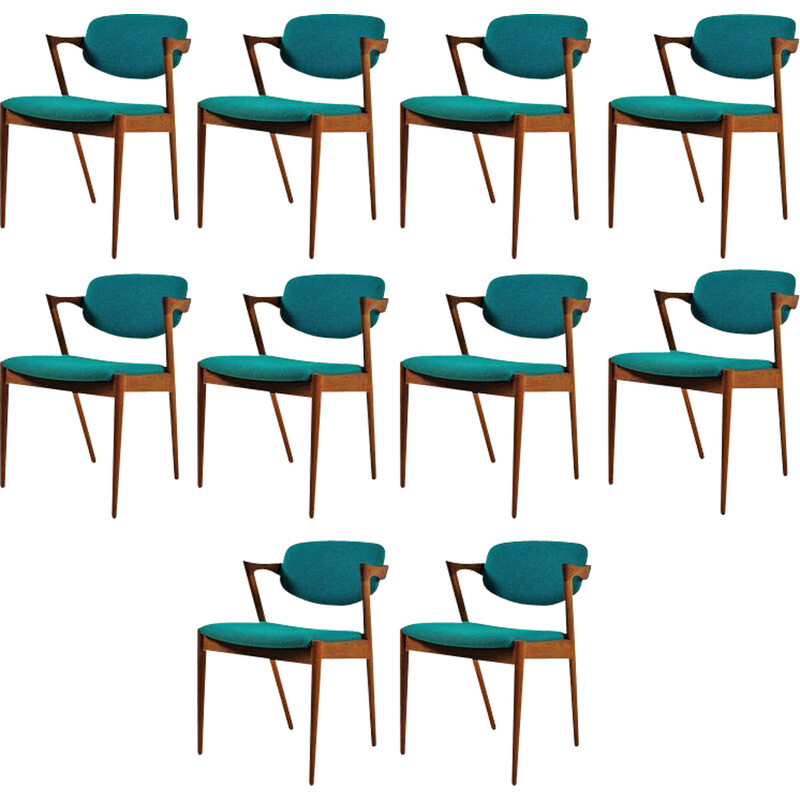 Juego de 10 sillas de comedor danesas de teca vintage de Kai Kristiansen para Schous Møbelfabrik, años 60