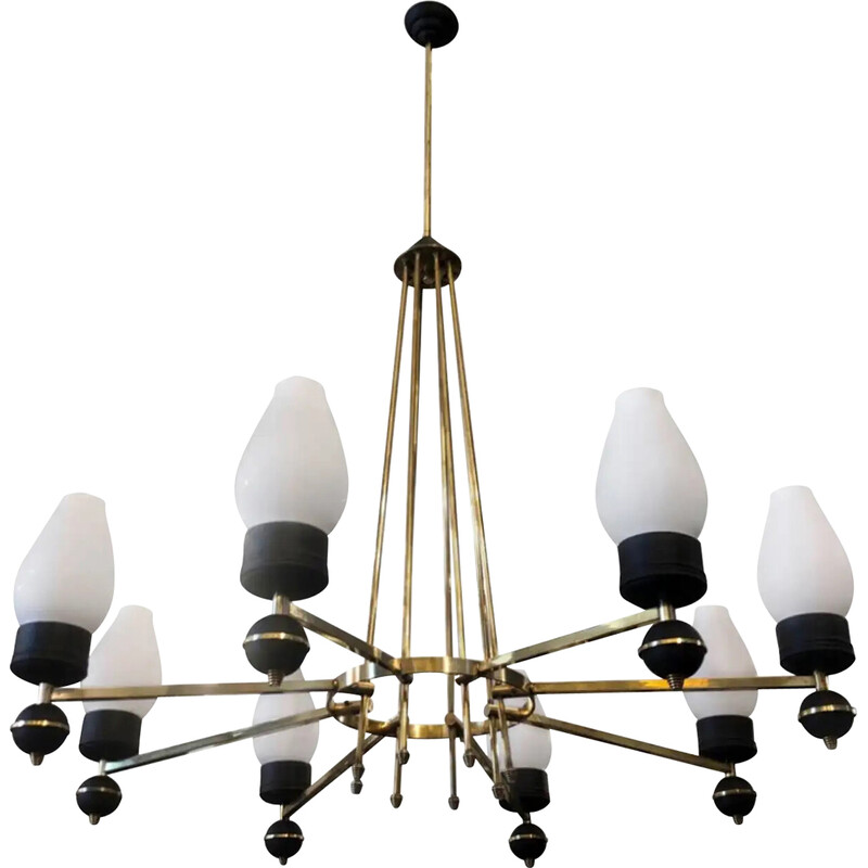 Vintage brass and black metal chandelier, Italy 1950s